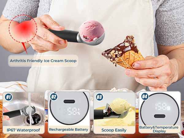 Heated Ice Cream Scoop Rechargeable, Electric Warming Ice Cream Scooper with LED Display, Heats to 158°F for Hard Ice Cream, Easy for Seniors & Kids, IP67 Waterproof (Black, 2 oz)