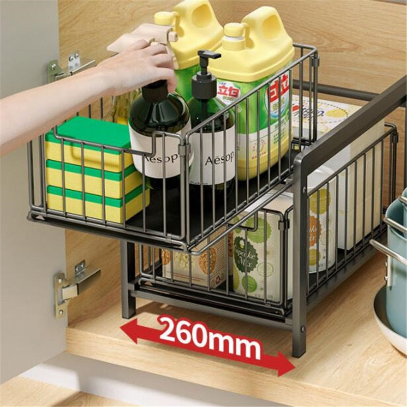 2 Tier Iron Cabinet Basket Pull Out Spice Kitchen Shelf