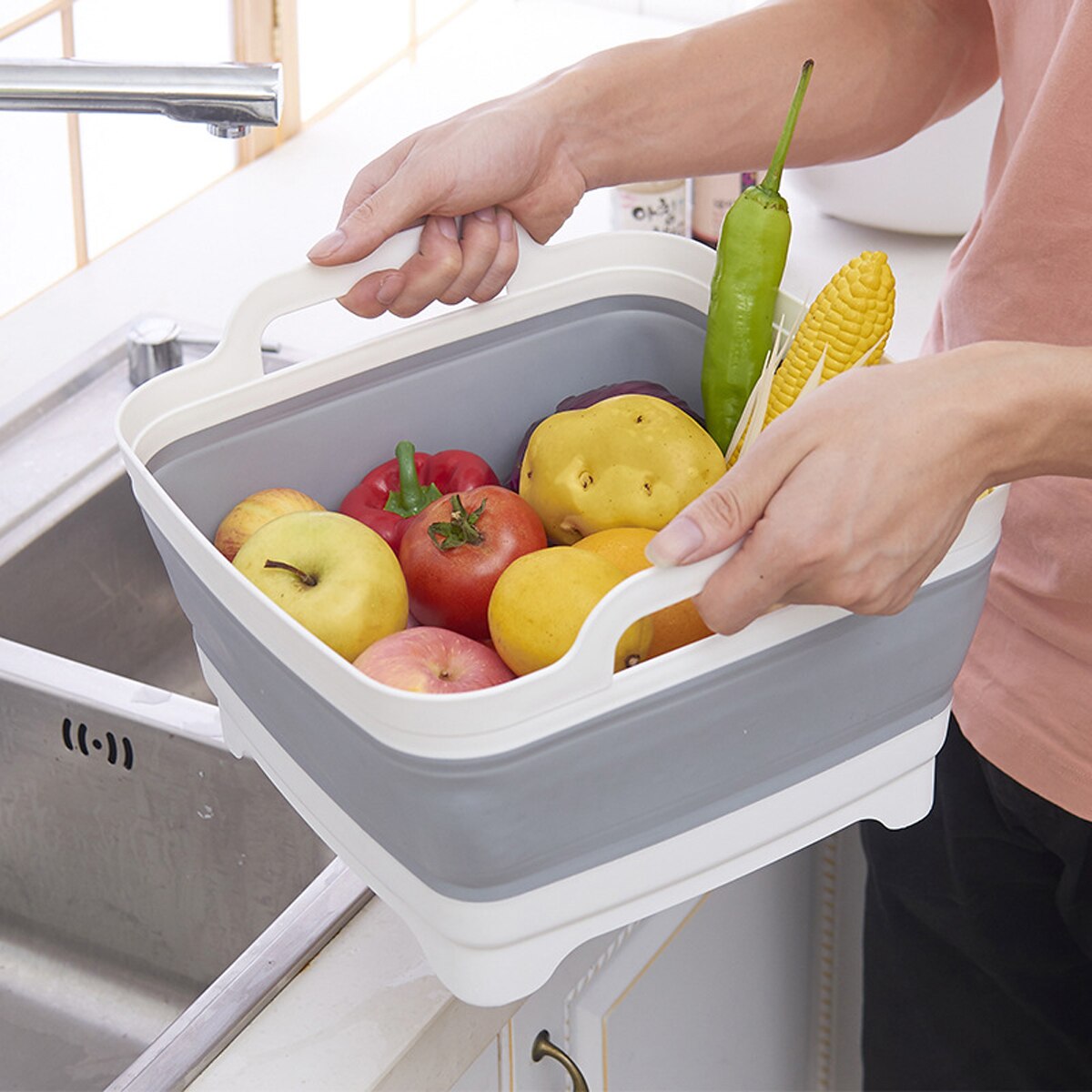 Folding Sink Silicone Dish Bathtub Collapsible With Drain Plug Carry Handles