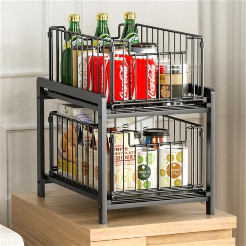 2 Tier Iron Cabinet Basket Pull Out Spice Kitchen Shelf