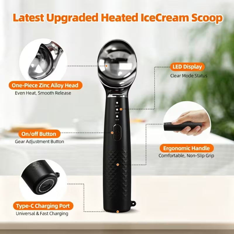 Heated Ice Cream Scoop Rechargeable, Electric Warming Ice Cream Scooper with LED Display, Heats to 158°F for Hard Ice Cream, Easy for Seniors & Kids, IP67 Waterproof (Black, 2 oz)