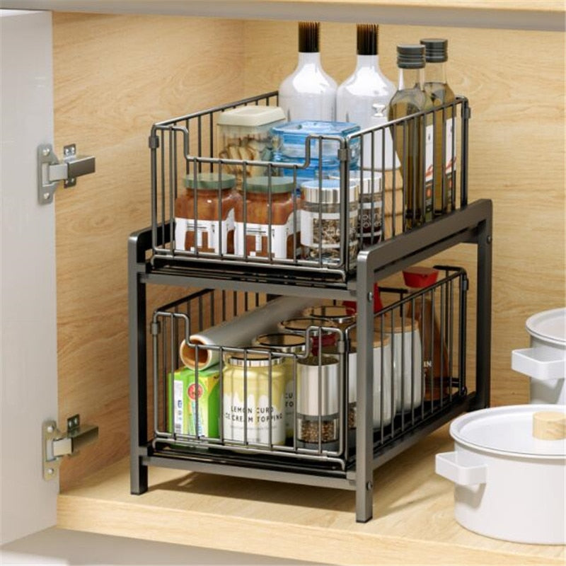 2 Tier Iron Cabinet Basket Pull Out Spice Kitchen Shelf
