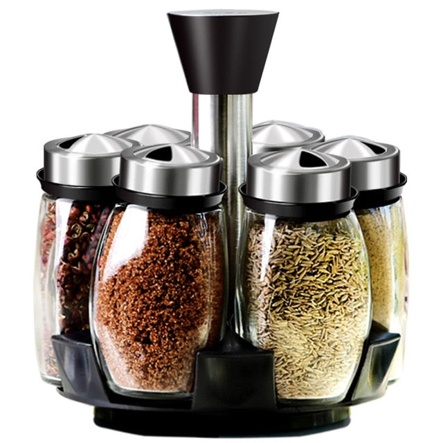 Glass Rotating Spice Rack Detachable Spice Jar Holder Kitchen Storage Box