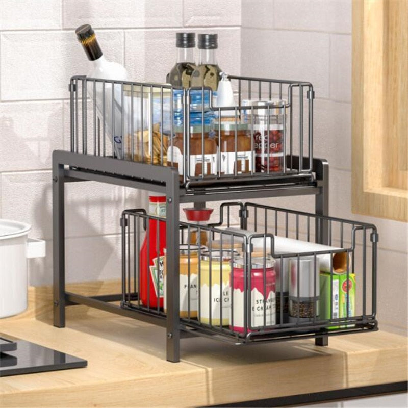 2 Tier Iron Cabinet Basket Pull Out Spice Kitchen Shelf