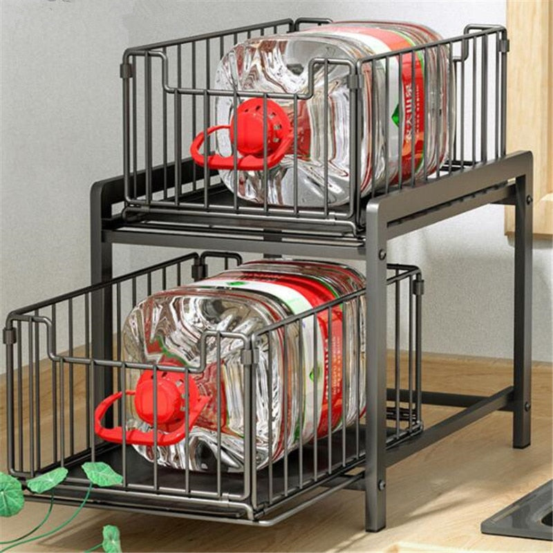 2 Tier Iron Cabinet Basket Pull Out Spice Kitchen Shelf