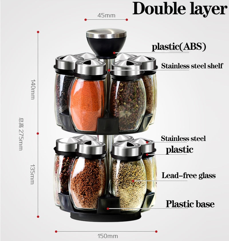 Glass Rotating Spice Rack Detachable Spice Jar Holder Kitchen Storage Box