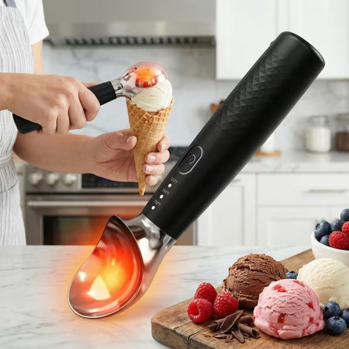 Heated Ice Cream Scoop Rechargeable, Electric Warming Ice Cream Scooper with LED Display, Heats to 158°F for Hard Ice Cream, Easy for Seniors & Kids, IP67 Waterproof (Black, 2 oz)